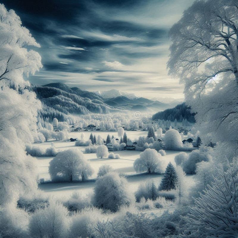 Infraröd monokrom bild av vitt löv som förbiser ett tjockt snöslandskap under vintern. stock illustrationer