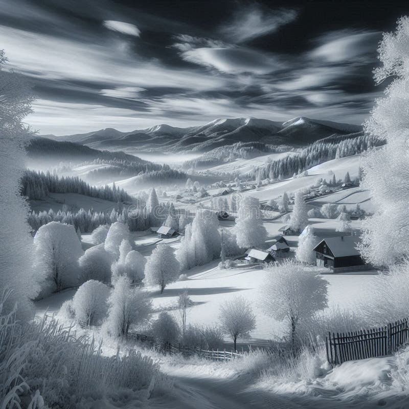 Infraröd monokrom bild av vitt löv som förbiser ett tjockt snöslandskap under vintern. vektor illustrationer