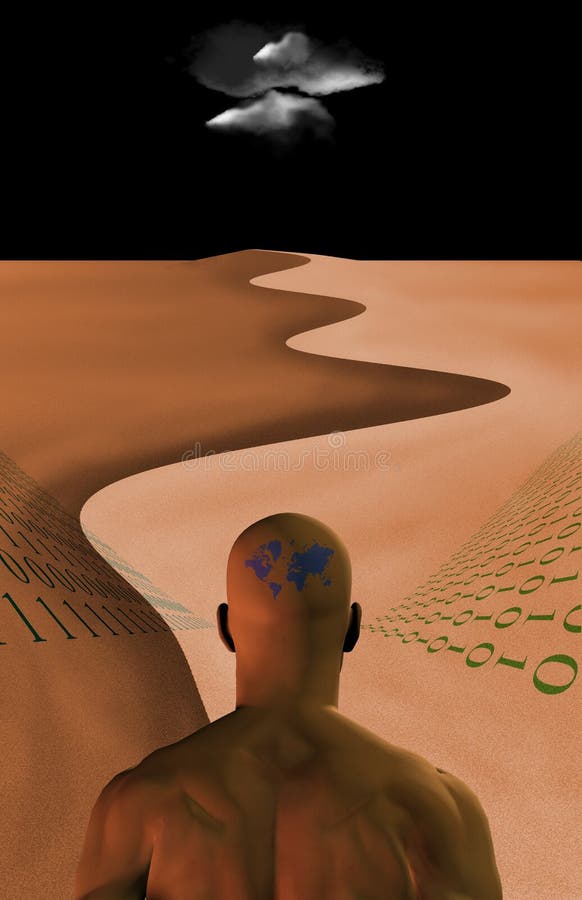 Man in desert hearing binary code. Man in desert hearing binary code