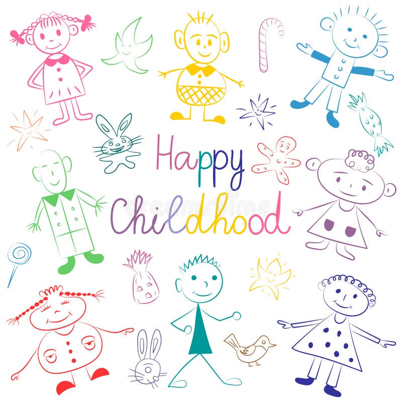 Infância feliz Crianças bonitos coloridas com brinquedos, estrelas e doces Desenhos engraçados das crianças Estilo do esboço ilustração stock Infância feliz Crianças bonitos coloridas com brinquedos, estrelas e doces Desenhos engraçados das crianças Estilo do esboço ilustração stock