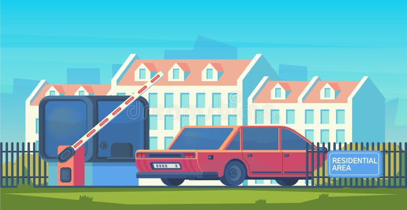 Ingang door de barrière die wordt opgeheven om de auto over te gaan Tolpoort met ontvangstcabine Controlepost aan woon stock illustratie Ingang door de barrière die wordt opgeheven om de auto over te gaan Tolpoort met ontvangstcabine Controlepost aan woon stock illustratie