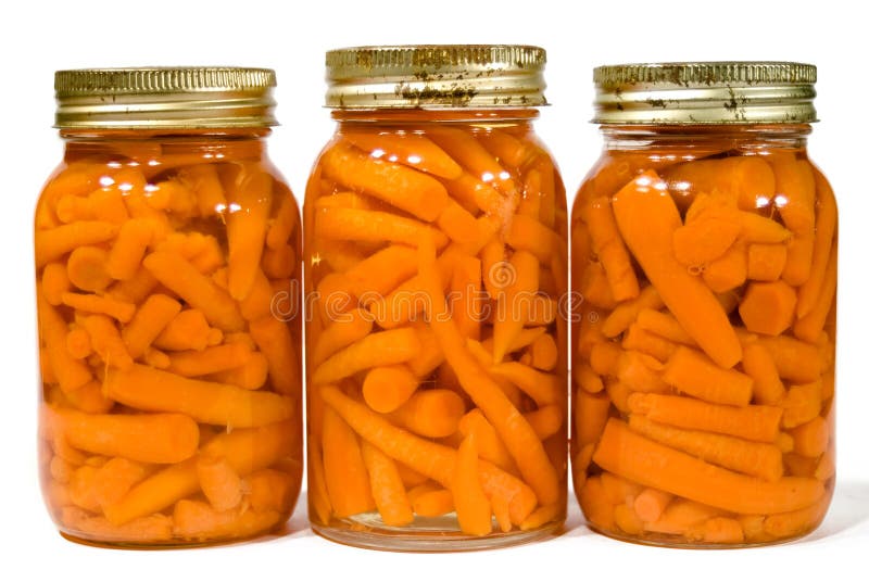 Three mason jars of home made canned carrots. Three mason jars of home made canned carrots