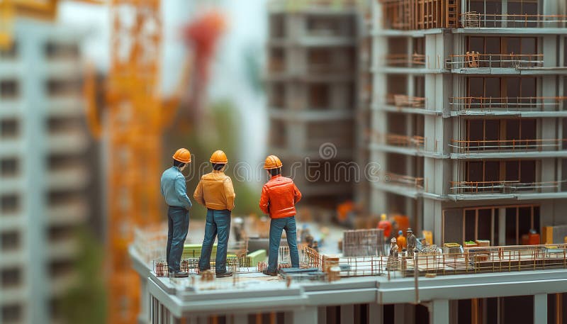 Ingegneri miniaturizzati che esaminano i progressi della costruzione in corso illustrazione di stock