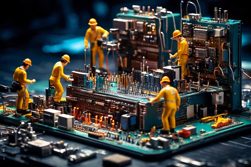 Ingegneri miniaturizzati che riparano computer illustrazione di stock