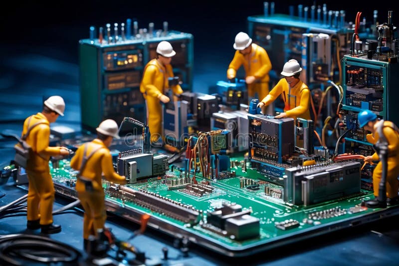 Ingegneri miniaturizzati che riparano computer illustrazione di stock