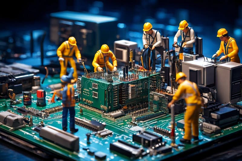 Ingegneri miniaturizzati che riparano computer royalty illustrazione gratis
