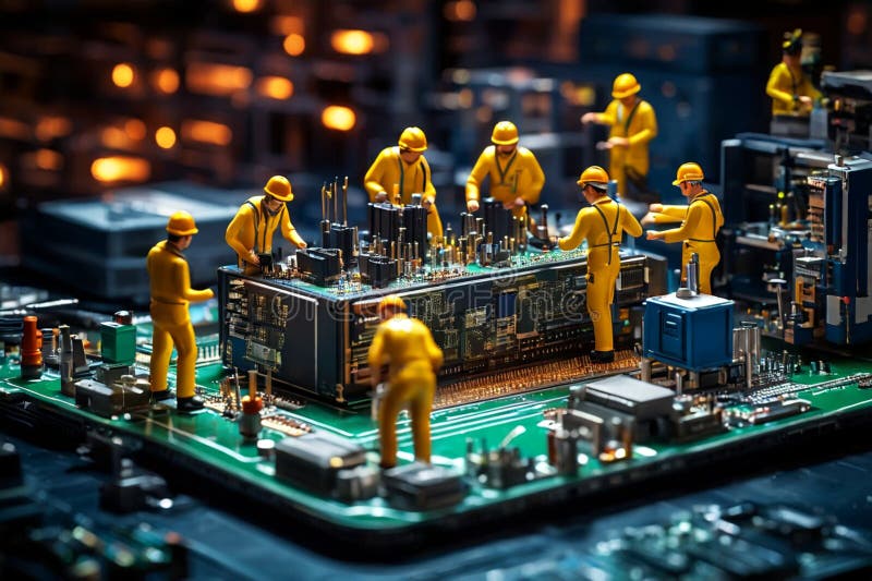Ingegneri miniaturizzati che riparano computer illustrazione di stock