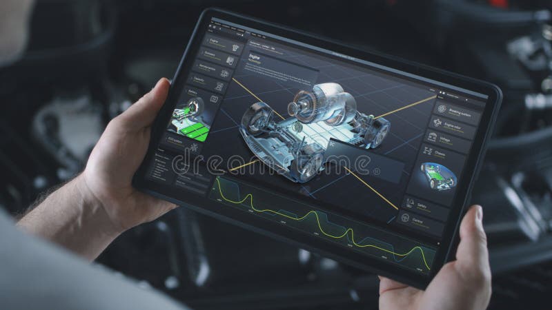 Ingeniero automotor masculino hace diagnósticos de auto usando tableta digital libre illustration