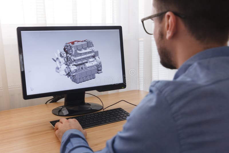 Ingenieur, Erbauer, Designer in der Glasfunktion auf einem Personal-Computer Er ist die Schaffung und entwirft ein neues Modell 3 lizenzfreie stockbilder