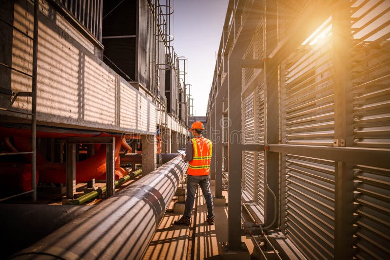 A engineer under checking the industry cooling tower air conditioner is water cooling tower air chiller HVAC of large industrial building to control air system. A engineer under checking the industry cooling tower air conditioner is water cooling tower air chiller HVAC of large industrial building to control air system.