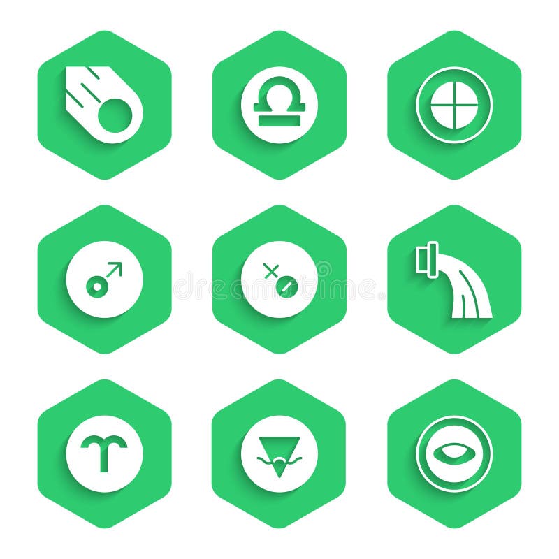 Ingesteld venussymbool Earth Element medallion met eye aquarius zodiab aries mars globe and comet icon. vector stock illustratie