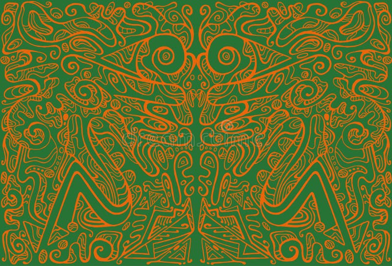 Ingewikkelde kleurrijke symmetrische ornamentale abstracte oranje contouren van de achtergrond geïsoleerd op groen.