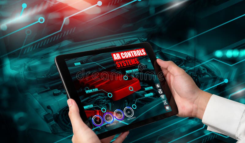 Inginer care utilizează software-ul augmentat în realitate pentru monitorizarea părților vehiculului stock image