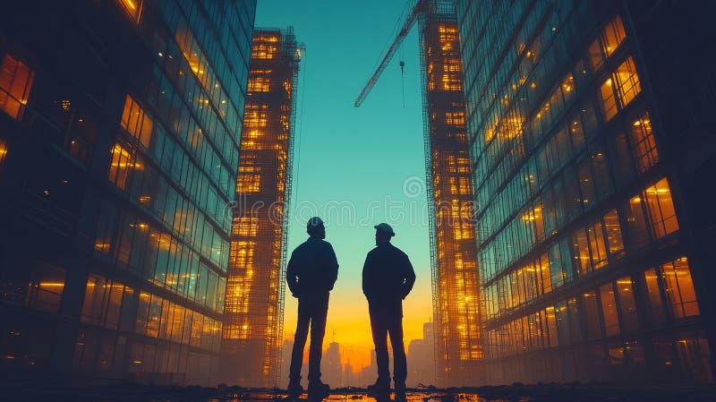 Inginer și arhitect care se află în centrul activității de construcție studiind planurile și discutând detaliile proiectului cu stock illustration