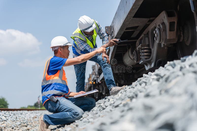 Ingineri Feroviari Inspectori Lucrători în Construcții de Tren și Trenuri sau Tehnicieni Examinatori Echipamente Feroviare stock photography