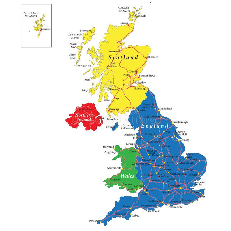 Highly detailed vector map of United Kingdom with administrative regions, main cities and roads. Highly detailed vector map of United Kingdom with administrative regions, main cities and roads.