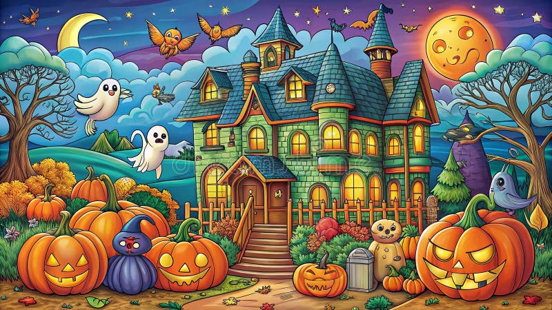 Ingoia il tuo artista interno con questa affascinante pagina colorata di Halloween Una villa macchiata di gioia piena di divertime royalty illustrazione gratis