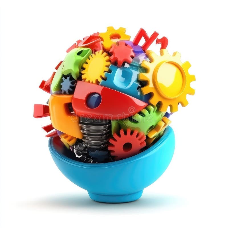 Ingranaggi colorati e Cani in una Bowl Blu : Rendering 3D creativo illustrazione vettoriale