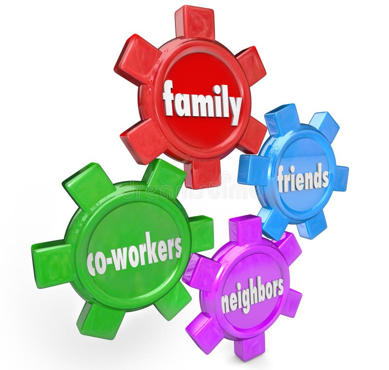 The words Family, Friends, Neighbors and Co-Workers on gears to illustrate a support system of people who are close to you and will help in times of need. The words Family, Friends, Neighbors and Co-Workers on gears to illustrate a support system of people who are close to you and will help in times of need