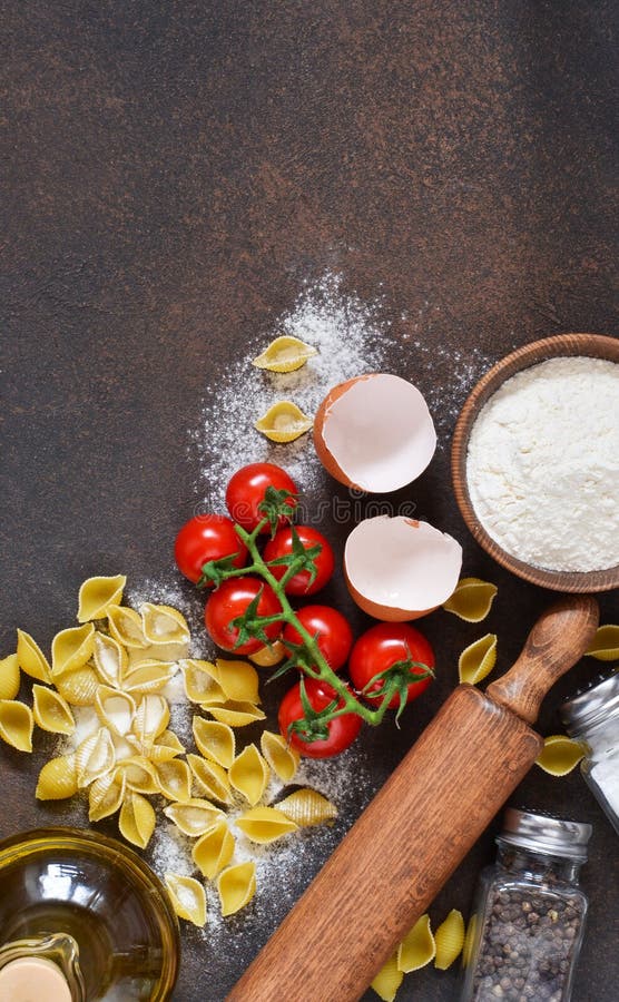 Ingredienser för matlagning av pasta Köprocess Översta vyn med utrymme för text