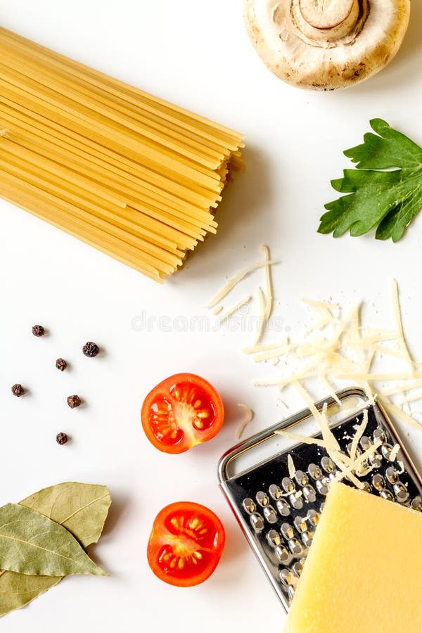 Ingredients for cooking paste on white background top view. Ingredients for cooking paste on white background top view.