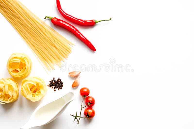 Ingredients for cooking paste on white background top view mock up. Ingredients for cooking paste on white background top view mock up