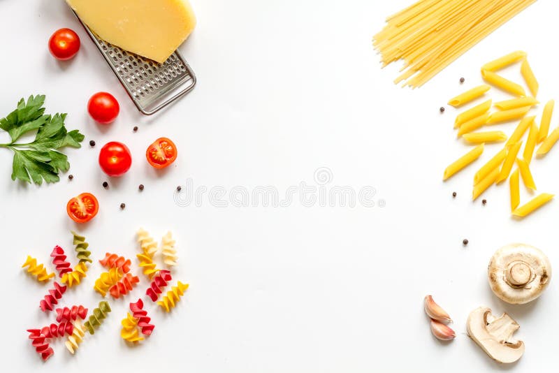 Ingredients for cooking paste on white background top view mock up. Ingredients for cooking paste on white background top view mock up