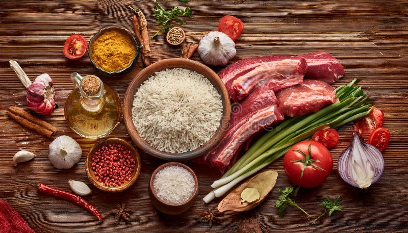 Ingredienser för matlagning av matvaror, okokt kött av lamm. Ingredienser för matlagning på middag. Rå, okokt, lammköttssortiment, risoljekryddor och grönsaker över baksidan av trä. ai genererad bild