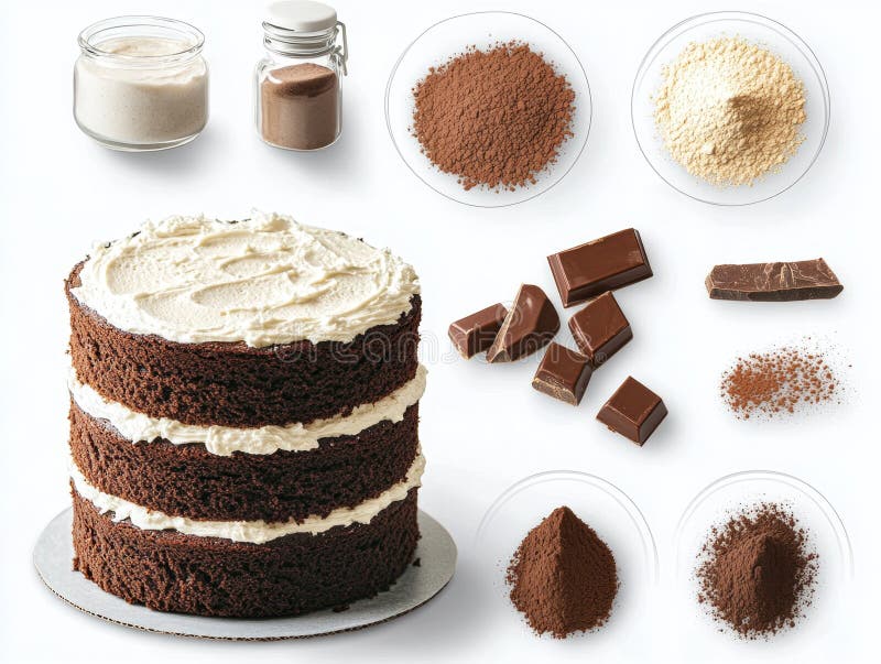 Ingredienser i chokladkakor och gräddningsmaterial som visas på vit bakgrund stock illustrationer