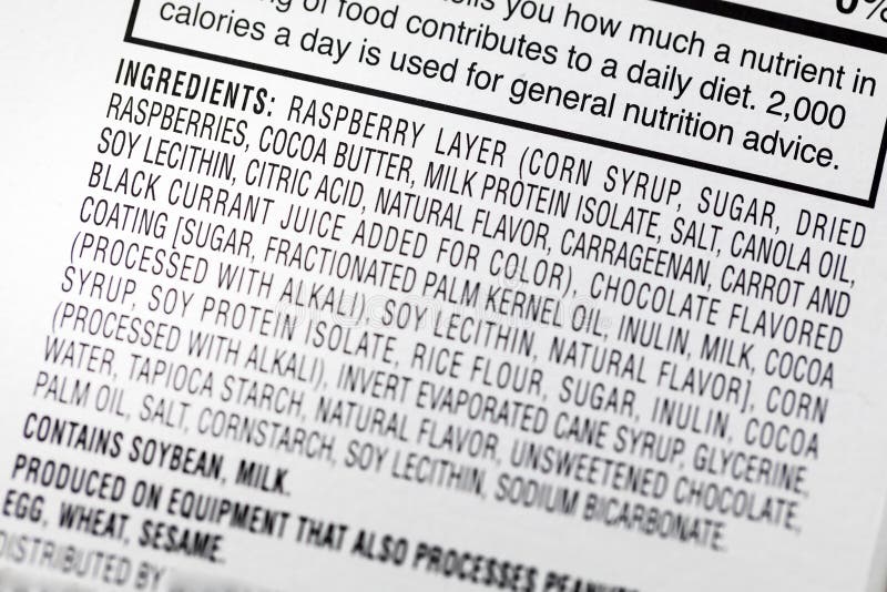 Ingredienser som sojabönor mjölkar äggveteetiketten, bantar