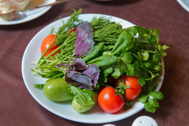 Ingredienser: tomat gurka, basilika, krysantemum, jordgubbar, ärtor Kaviarsallad är i plattan arkivfoto Ingredienser: tomat gurka, basilika, krysantemum, jordgubbar, ärtor Kaviarsallad är i plattan arkivfoto