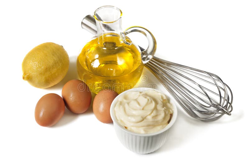 Mayonnaise with ingredients, including eggs, lemon, and olive oil, and a whisk. Mayonnaise with ingredients, including eggs, lemon, and olive oil, and a whisk.