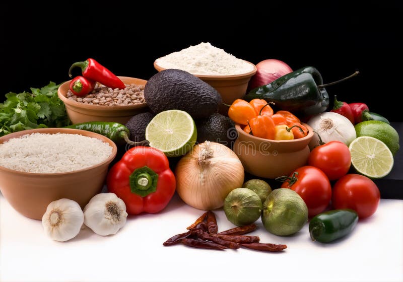 Attractive display of fresh ingredients for making a Mexican feast including peppers, onions, tomatos, avocados, rice, beans and masa harina, on a black background. Attractive display of fresh ingredients for making a Mexican feast including peppers, onions, tomatos, avocados, rice, beans and masa harina, on a black background.