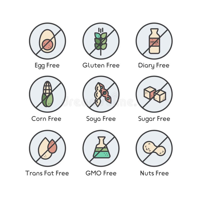 Ingredient Warning Label Icons. Allergens Gluten, Lactose, Soy, Corn, Diary, Milk, Sugar, Trans Fat. Vegetarian and Organic symbol stock illustration Ingredient Warning Label Icons. Allergens Gluten, Lactose, Soy, Corn, Diary, Milk, Sugar, Trans Fat. Vegetarian and Organic symbol stock illustration
