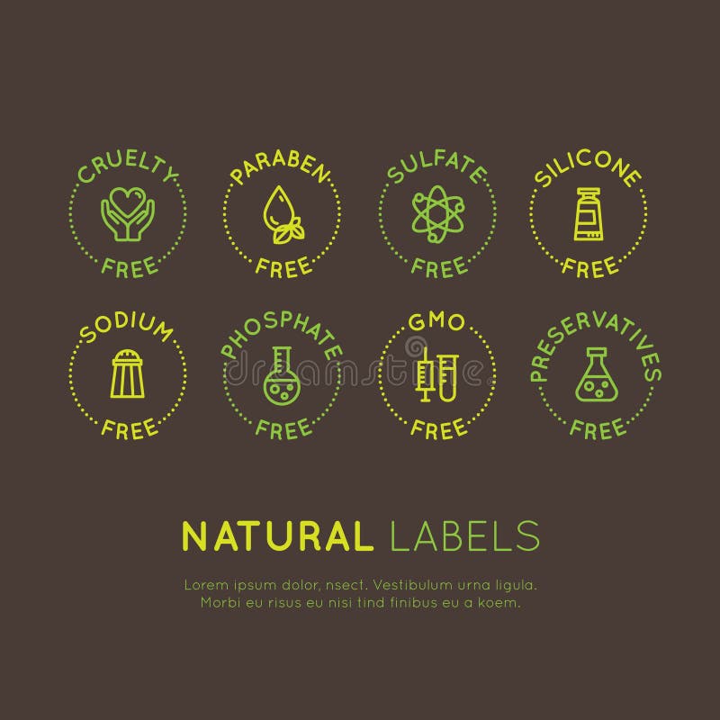 Vector Style Illustration Logo Set Badge Ingredient Warning Label Icons. GMO, SLS, Paraben, Cruelty, Sulfate, Sodium, Phosphate, Silicone, Preservative Free Organic Product Stickers. Vector Style Illustration Logo Set Badge Ingredient Warning Label Icons. GMO, SLS, Paraben, Cruelty, Sulfate, Sodium, Phosphate, Silicone, Preservative Free Organic Product Stickers