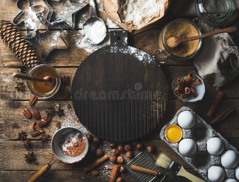 Ingredientes de cozimento e de cozimento do feriado do Natal com placa no centro fotos de stock royalty free Ingredientes de cozimento e de cozimento do feriado do Natal com placa no centro fotos de stock royalty free