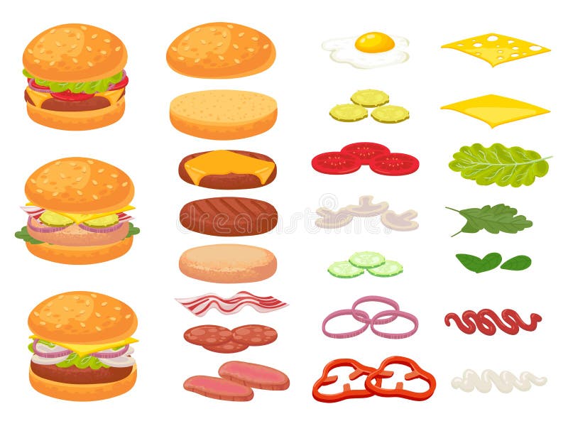 Ingredientes de hamburguesa de dibujos animados. panecillo de café de hamburguesa y tomate. jamón piquetes frescos y trozos de que