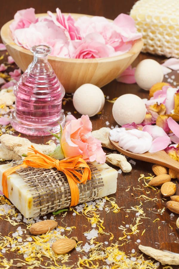 Ingredientes naturales del cuidado de piel del baño y del cuerpo fotografía de archivo Ingredientes naturales del cuidado de piel del baño y del cuerpo fotografía de archivo