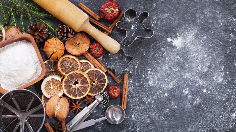 Ingredientes para cozinhar o cozimento do Natal, vista superior imagem de stock royalty free