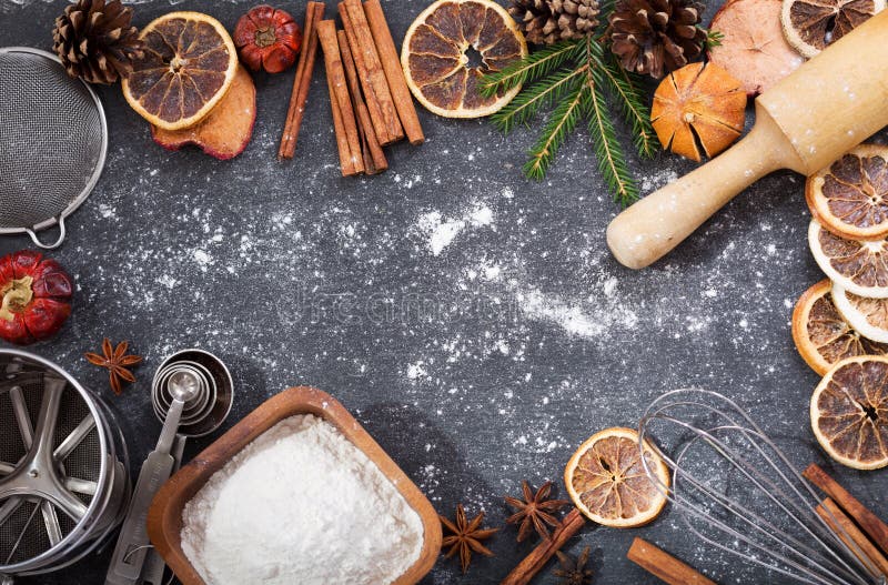 Ingredientes para cozinhar o cozimento do Natal, vista superior fotos de stock royalty free