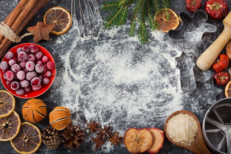 Ingredientes para cozinhar o cozimento do Natal, vista superior fotos de stock royalty free