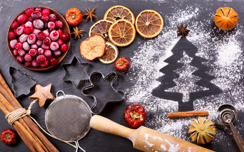 Ingredientes para cozinhar o cozimento do Natal, vista superior imagens de stock royalty free