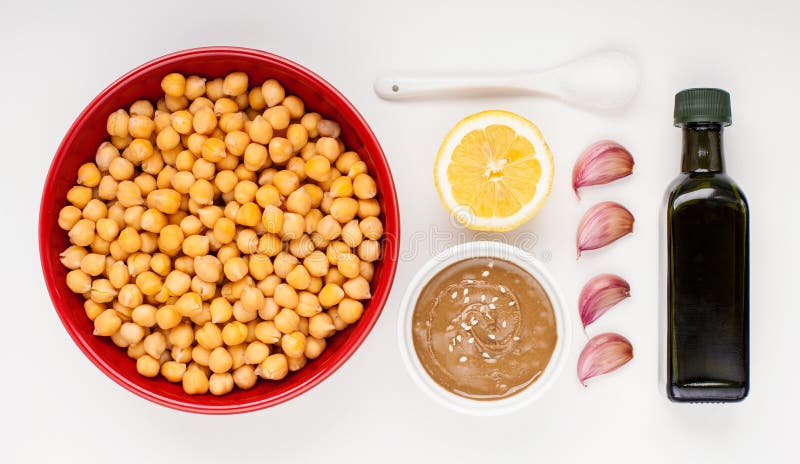 Ingredientes para o hummus feito home imagem de stock