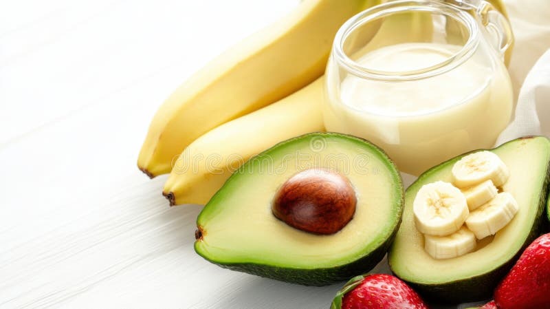 Ingredienti freschi di frullato con avocado banana e latte su fondo bianco illustrazione di stock
