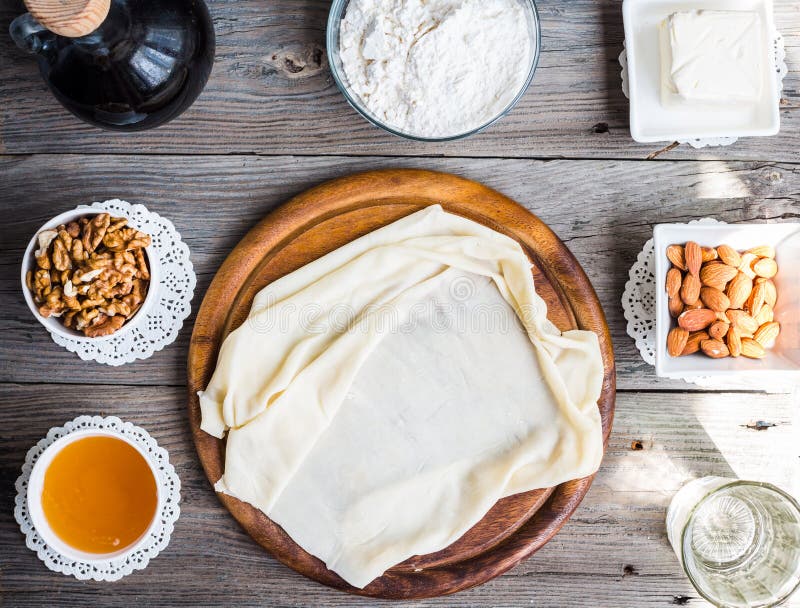 Ingredients for making homemade baklava, phyllo dough,Turkish arabic dessert. Ingredients for making homemade baklava, phyllo dough,Turkish arabic dessert