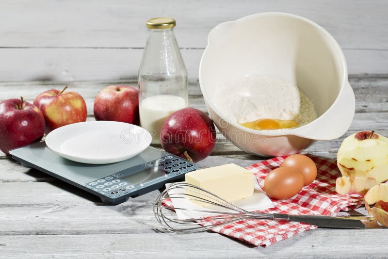 Ingredients for Apple Pie, Apples, Butter, Eggs, Flour, Milk and Sugar