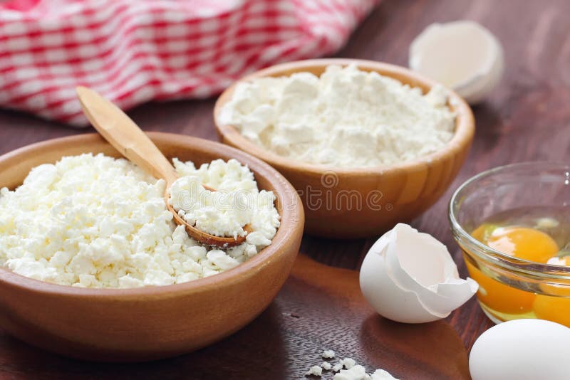 Ingredients for Baking Cottage Cheese, Eggs and Flour Stock Image