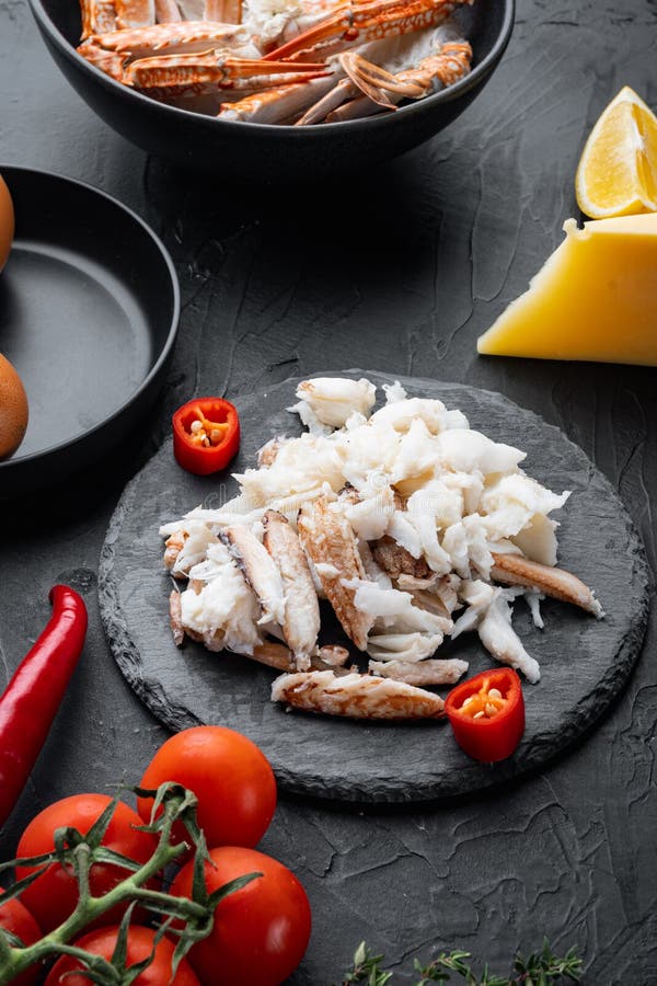 Ingredients for Breakfast Omelette with Crab Meat and Cheese, on Black