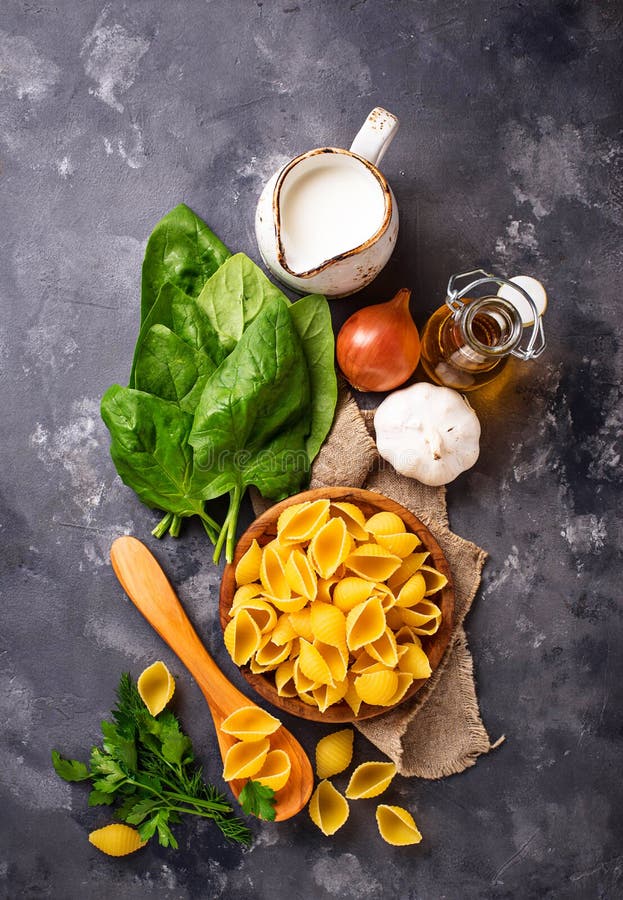 Ingredients for Cooking Pasta with Spinach Stock Image Image of