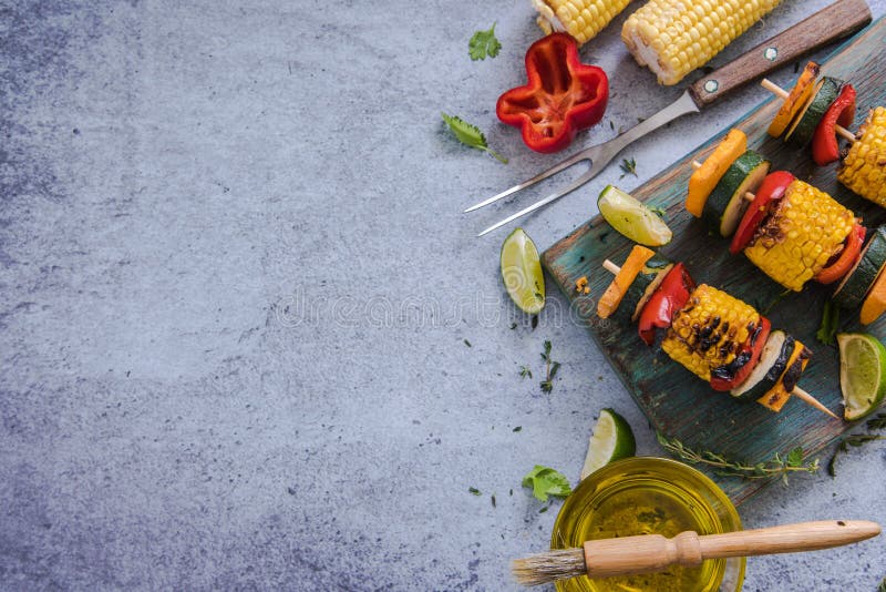 Ingredients for healthy bbq or grill, on marble top, flat lay, view from above. Roasted skewer grill stock images, royalty-free photos and pictures